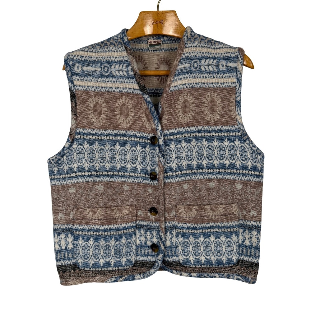 Memphis Vintage Fair Isle Sweater Vest Medium Blue Brown Wool Blend Pockets